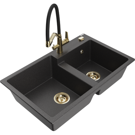 Mexen Tomas double-bowl granite kitchen sink with Duo faucet, black speckled - 6516-76-671701-57-G