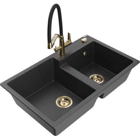 Mexen Tomas granite sink 2-chamber with Duo kitchen tap, black speckled - 6516-76-671701-57-G