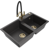 Mexen Tomas granite sink 2-chamber with Duo kitchen tap, black speckled - 6516-76-671701-57-G