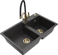 Mexen Tomas granite double bowl kitchen sink with Duo faucet, speckled black - 6516-76-671701-57-G