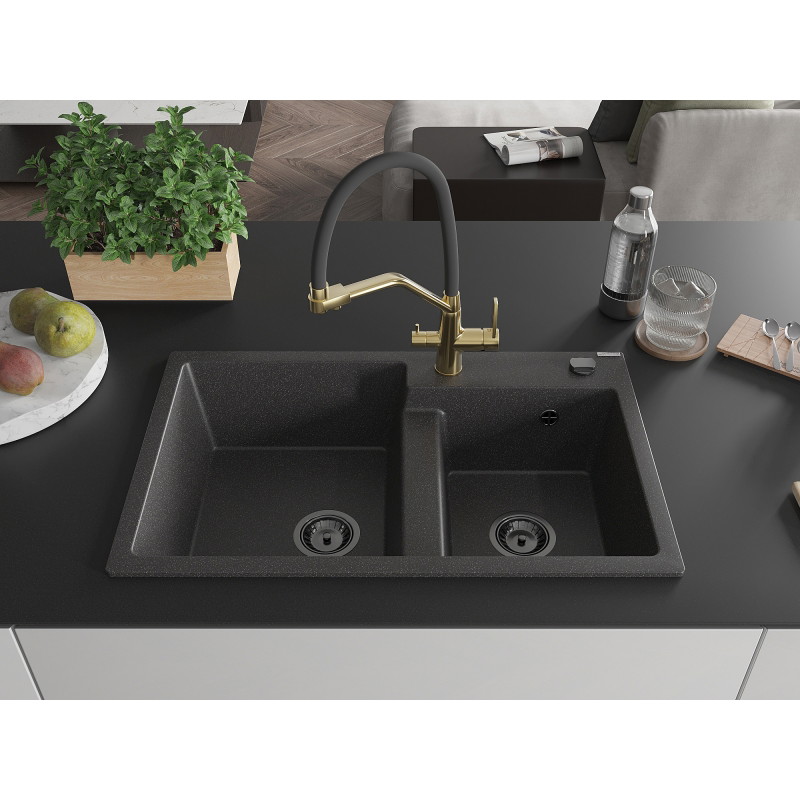 Mexen Tomas granite 2-bowl kitchen sink with Duo faucet, black speckled - 6516-76-671701-57-B