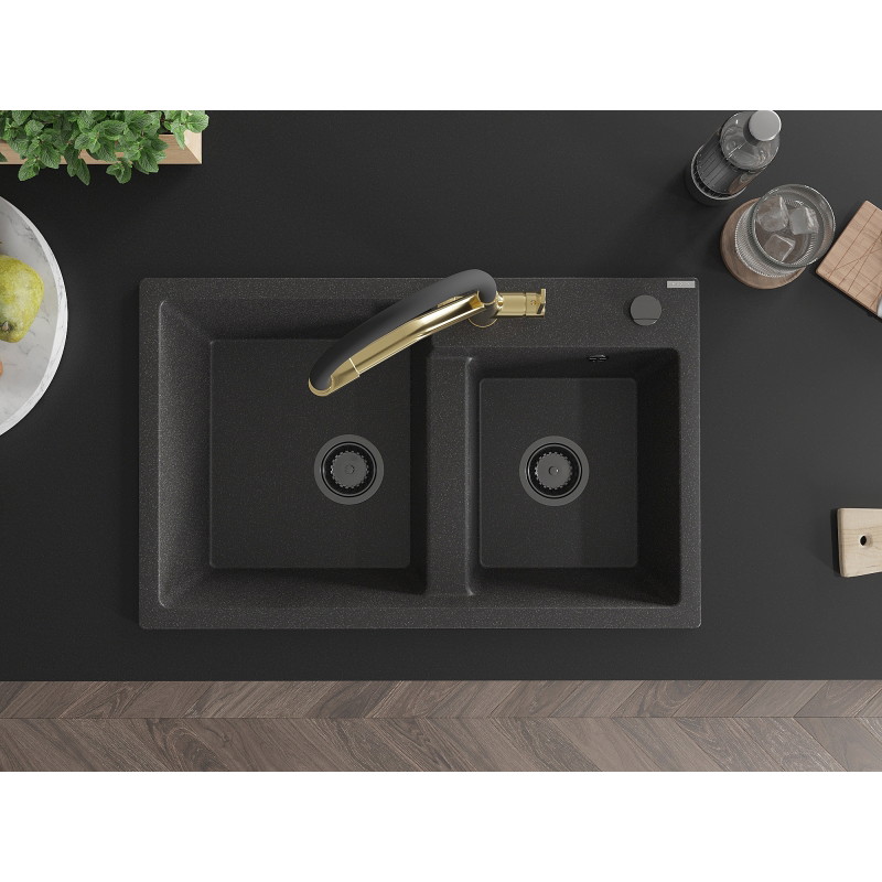 Mexen Tomas granite double-bowl sink with Duo kitchen faucet, black speckled - 6516-76-671701-57-B