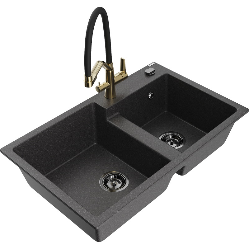 Mexen Tomas granite double-bowl sink with Duo kitchen faucet, black speckled - 6516-76-671701-57-B