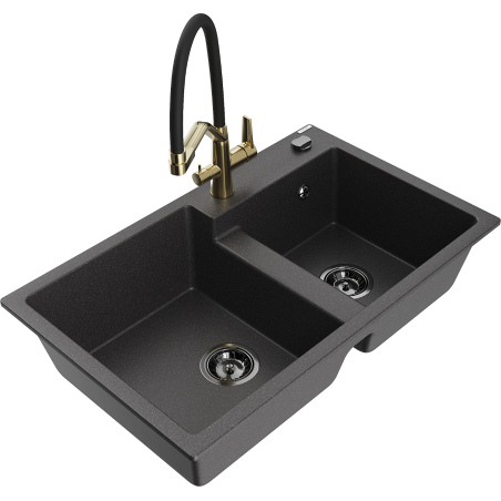 Mexen Tomas granite double-bowl sink with Duo kitchen faucet, black speckled - 6516-76-671701-57-B