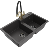 Mexen Tomas granite 2-bowl kitchen sink with Duo faucet, black speckled - 6516-76-671701-57-B