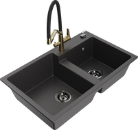Mexen Tomas granite double-bowl sink with Duo kitchen faucet, black speckled - 6516-76-671701-57-B