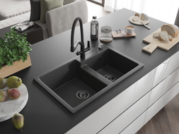 Mexen Tomas granite double-bowl kitchen sink with Duo faucet, black speckled - 6516-76-671701-70-B
