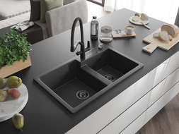 Mexen Tomas granite sink 2-bowl with Duo kitchen tap, black speckled - 6516-76-671701-70-B