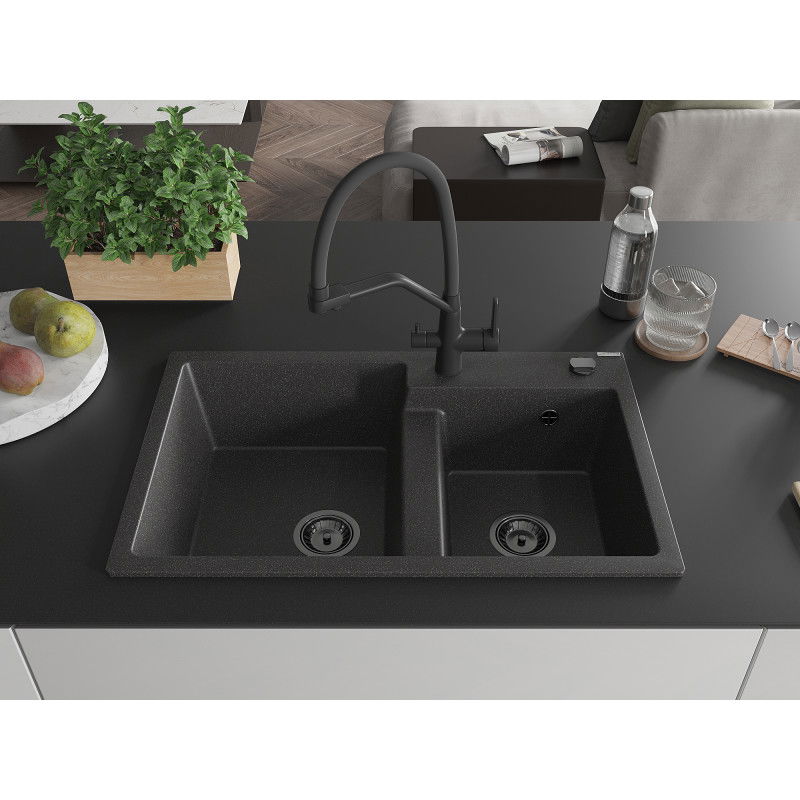 Mexen Tomas granite sink 2-bowl with Duo kitchen tap, black speckled - 6516-76-671701-70-B