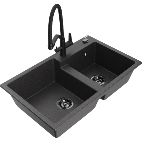 Mexen Tomas granite double-bowl kitchen sink with Duo faucet, black speckled - 6516-76-671701-70-B