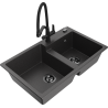 Mexen Tomas granite double-bowl kitchen sink with Duo faucet, black speckled - 6516-76-671701-70-B