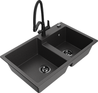 Mexen Tomas granite double-bowl kitchen sink with Duo faucet, black speckled - 6516-76-671701-70-B