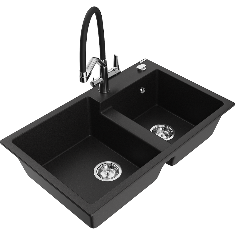 Mexen Tomas Double-Bowl Granite Sink with Duo Kitchen Mixer Tap, Black - 6516-77-671701-07