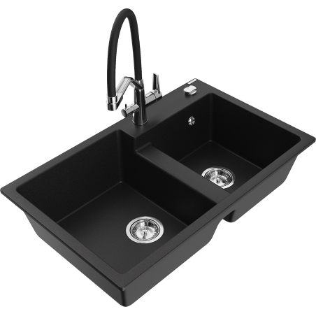 Mexen Tomas 2-bowl granite kitchen sink with Duo faucet, black - 6516-77-671701-07