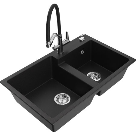 Mexen Tomas Double-Bowl Granite Sink with Duo Kitchen Mixer Tap, Black - 6516-77-671701-07
