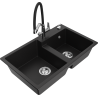 Mexen Tomas Double-Bowl Granite Sink with Duo Kitchen Mixer Tap, Black - 6516-77-671701-07