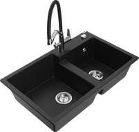 Mexen Tomas 2-bowl granite sink with Duo kitchen faucet, black - 6516-77-671701-07