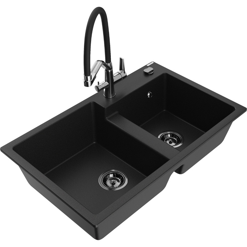 Mexen Tomas granite double-basin kitchen sink with Duo faucet, black - 6516-77-671701-07-B