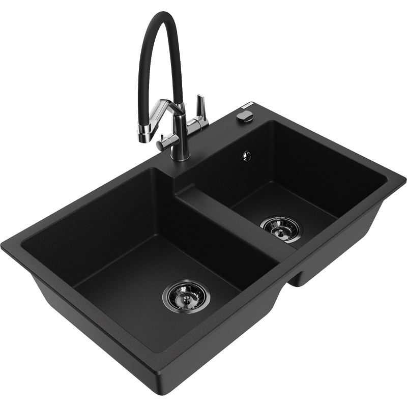 Mexen Tomas granite sink 2-bowl with Duo kitchen tap, black - 6516-77-671701-07-B