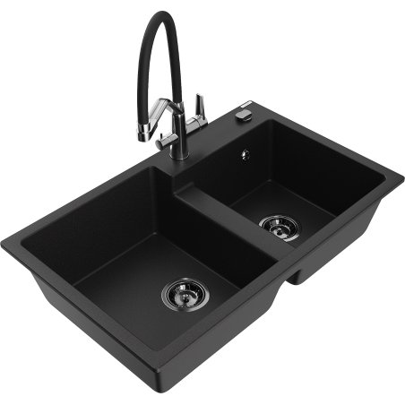 Mexen Tomas granite double-bowl sink with Duo kitchen faucet, black - 6516-77-671701-07-B