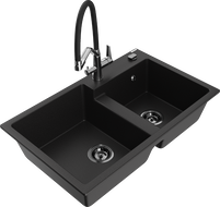 Mexen Tomas granite double-bowl sink with Duo kitchen faucet, black - 6516-77-671701-07-B