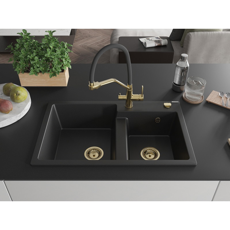 Mexen Tomas granite kitchen sink 2-chamber with Duo kitchen faucet, black - 6516-77-671701-57-G