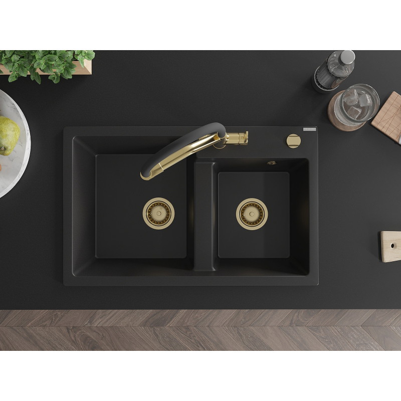 Mexen Tomas granite kitchen sink 2-chamber with Duo kitchen faucet, black - 6516-77-671701-57-G