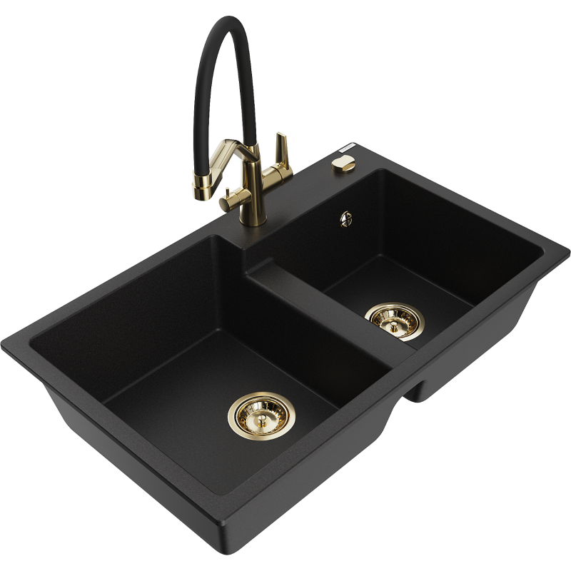 Mexen Tomas 2-compartment granite sink with a kitchen mixer tap Duo, Black - 6516-77-671701-57-G