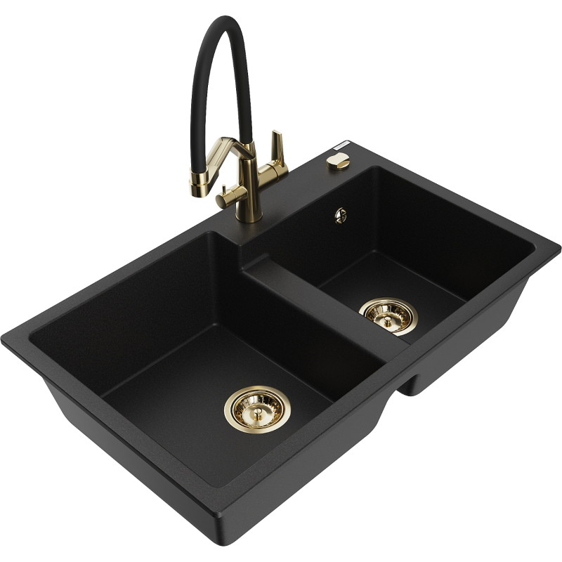 Mexen Tomas granite kitchen sink 2-chamber with Duo kitchen faucet, black - 6516-77-671701-57-G