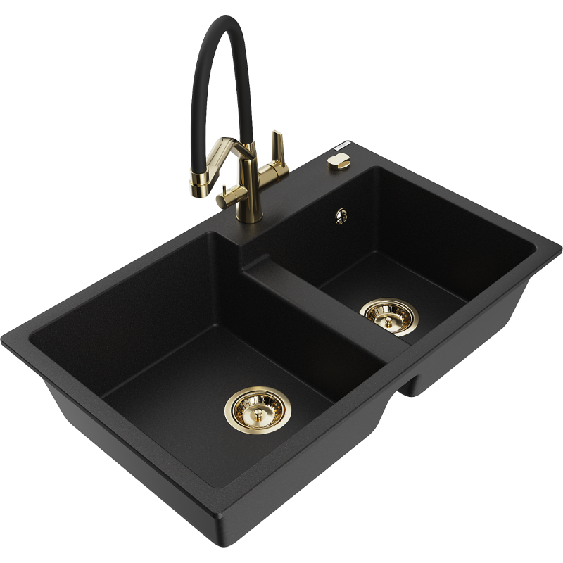 Mexen Tomas granite two-bowl sink with Duo kitchen tap, black - 6516-77-671701-57-G