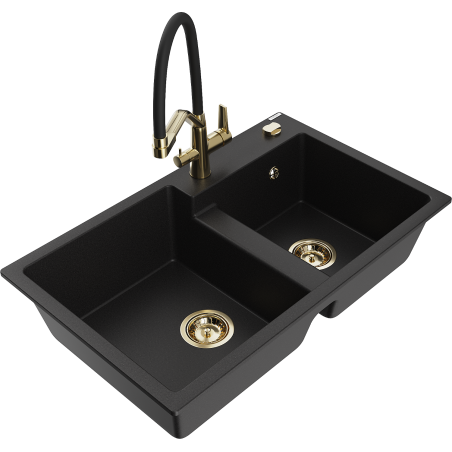 Mexen Tomas granite kitchen sink 2-bowl with Duo kitchen faucet, black - 6516-77-671701-57-G