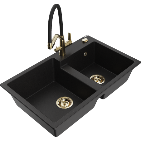 Mexen Tomas granite two-bowl sink with Duo kitchen tap, black - 6516-77-671701-57-G