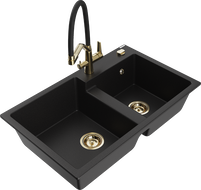 Mexen Tomas granite kitchen sink 2-chamber with Duo kitchen faucet, black - 6516-77-671701-57-G
