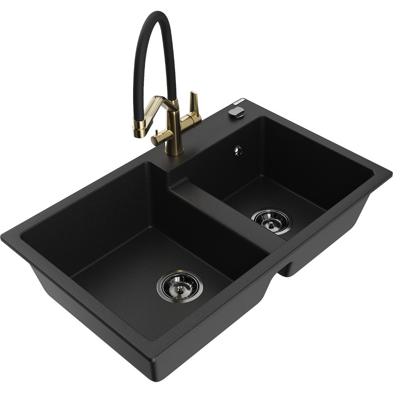 Mexen Tomas 2-bowl granite kitchen sink with Duo faucet, black - 6516-77-671701-57-B