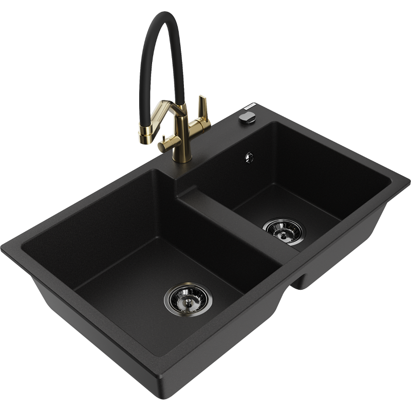 Mexen Tomas Granite Sink 2-Bowl with Duo Kitchen Tap, Black - 6516-77-671701-57-B