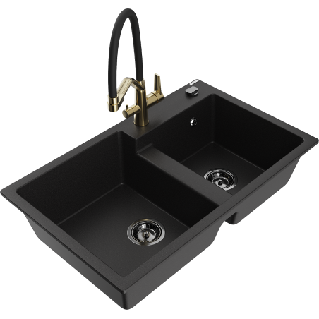 Mexen Tomas 2-bowl granite sink with Duo kitchen faucet, black - 6516-77-671701-57-B