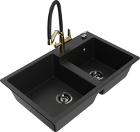 Mexen Tomas 2-bowl granite kitchen sink with Duo faucet, black - 6516-77-671701-57-B