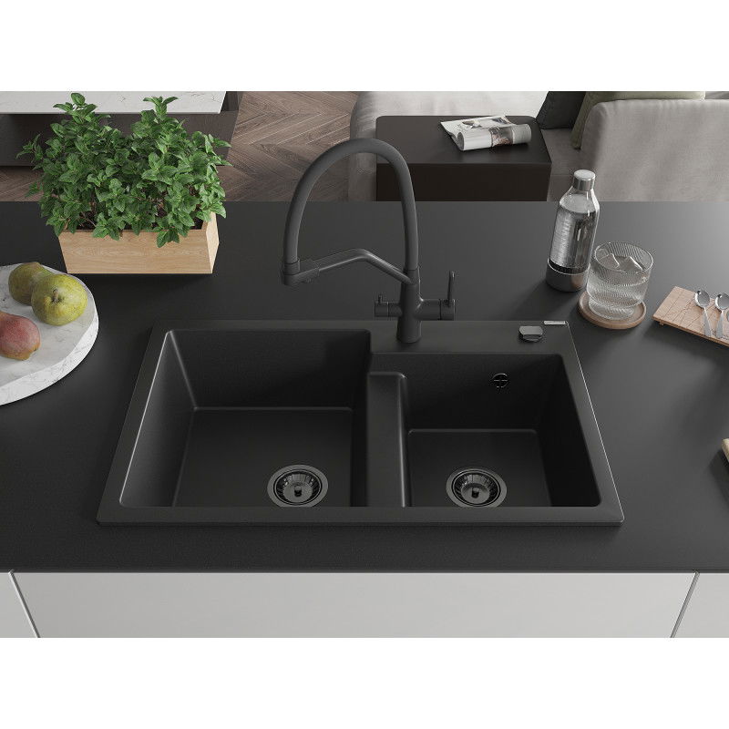 Mexen Tomas granite 2-bowl kitchen sink with Duo tap, black - 6516-77-671701-70-B