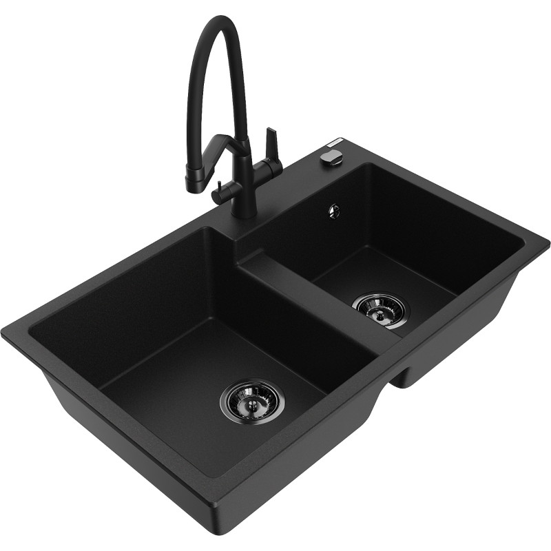 Mexen Tomas 2-bowl granite sink with Duo kitchen faucet, black - 6516-77-671701-70-B