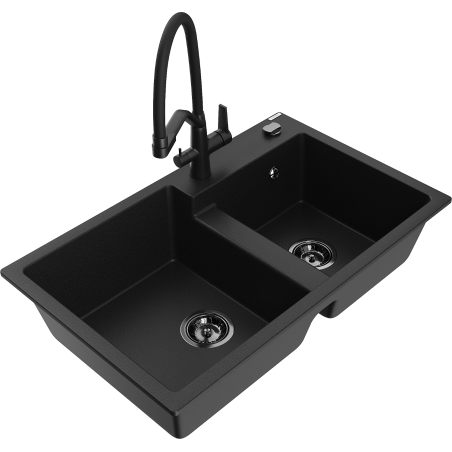 Mexen Tomas 2-bowl granite sink with Duo kitchen faucet, black - 6516-77-671701-70-B