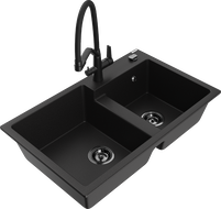 Mexen Tomas Granite Double-Bowl Sink with Duo Kitchen Faucet, Black - 6516-77-671701-70-B