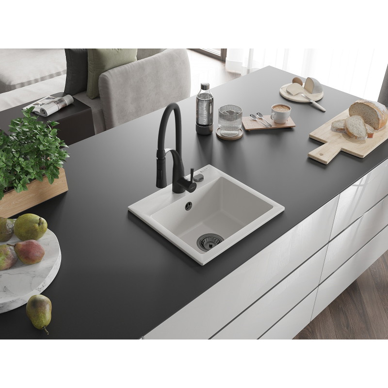 Mexen Milo granite kitchen sink single-bowl with Aster faucet, white - 6505-20-73450-70-B