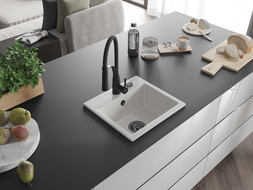 Mexen Milo 1-compartment granite sink with a kitchen mixer tap Aster, White - 6505-20-73450-70-B