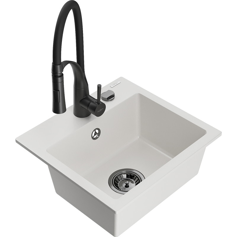 Mexen Milo 1-bowl granite sink with Aster kitchen faucet, white - 6505-20-73450-70-B