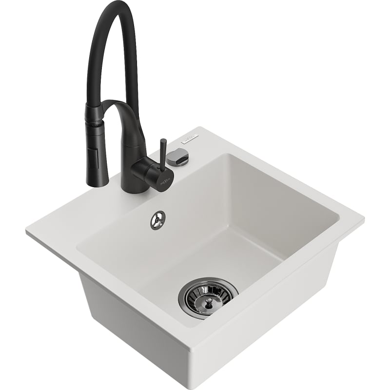 Mexen Milo granite kitchen sink single-bowl with Aster faucet, white - 6505-20-73450-70-B