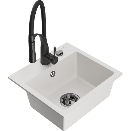 Mexen Milo 1-bowl granite sink with Aster kitchen faucet, white - 6505-20-73450-70-B