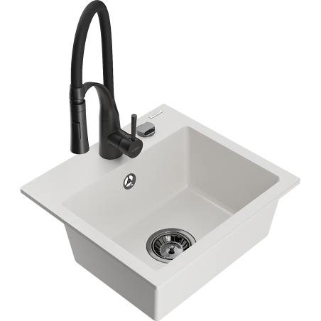 Mexen Milo granite kitchen sink single-bowl with Aster faucet, white - 6505-20-73450-70-B