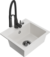 Mexen Milo granite kitchen sink single-bowl with Aster faucet, white - 6505-20-73450-70-B