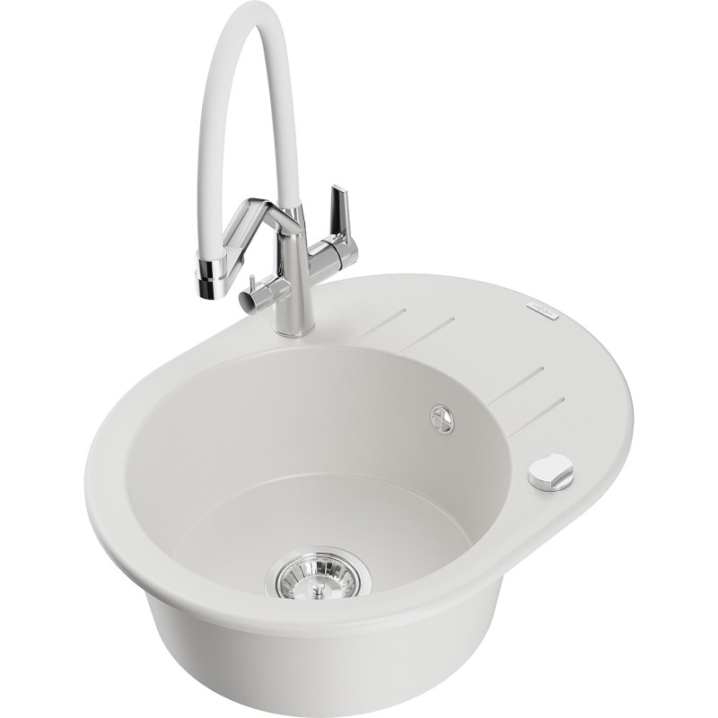 Mexen Kevin granite kitchen sink 1-bowl with Duo kitchen faucet, white - 6517-20-671701-02
