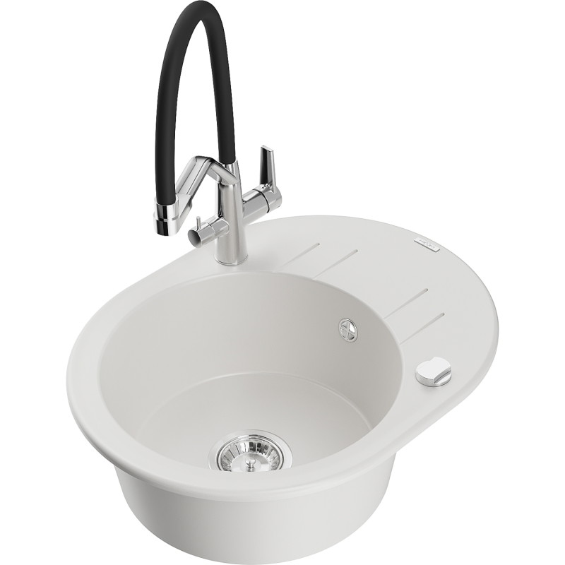 Mexen Kevin granite sink 1-bowl with Duo kitchen faucet, white - 6517-20-671701-07